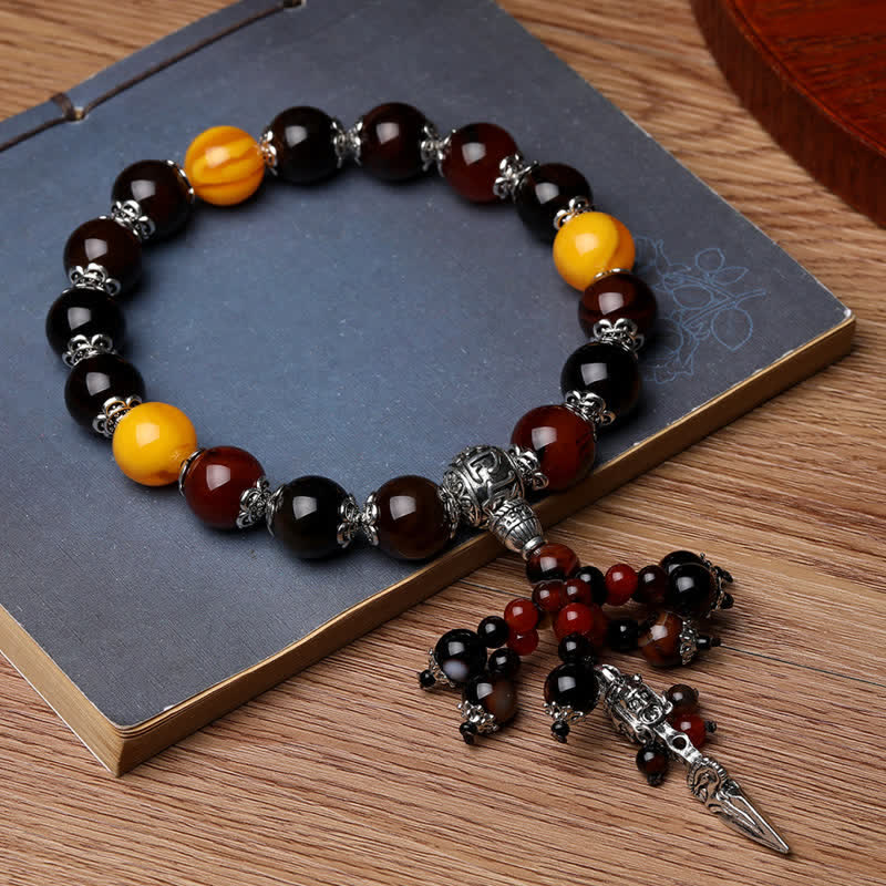 Fortune Jewel Natural Tiger Eye Red Agate Dragon Vein Agate Stone Vajra Dorje Power Healing Bracelet Car Decoration