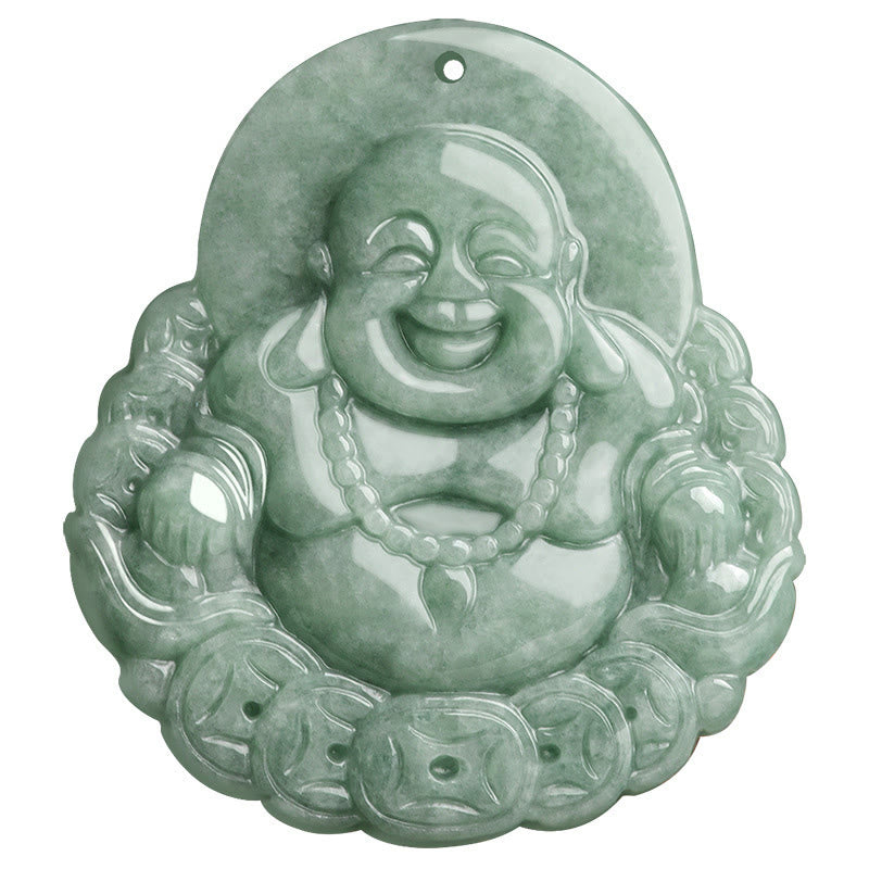 Fortune Jewel Laughing Buddha Natural Jade Copper Coin Abundance Necklace Pendant Fortune Jewel