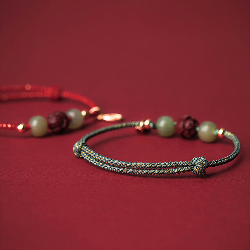 Fortune Jewel 14K Gold Plated Hetian Jade Cinnabar Lotus Luck Handcrafted Rope Bracelet