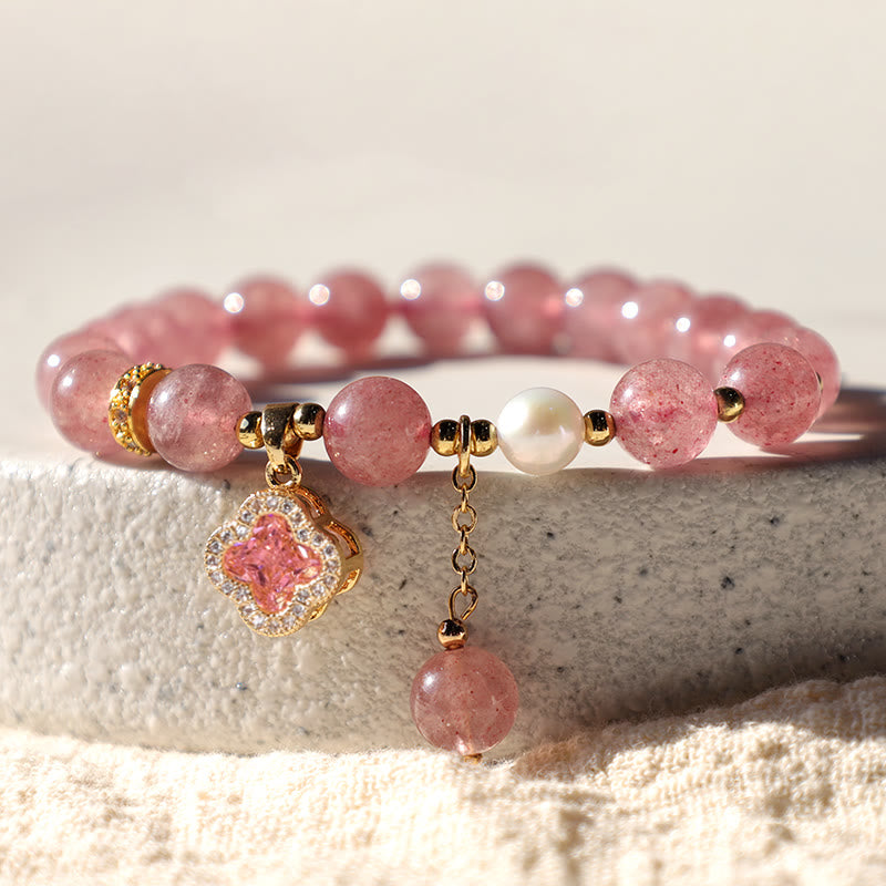 Fortune Jewel Strawberry Quartz Pearl Four Leaf Clover Charm Healing Bracelet