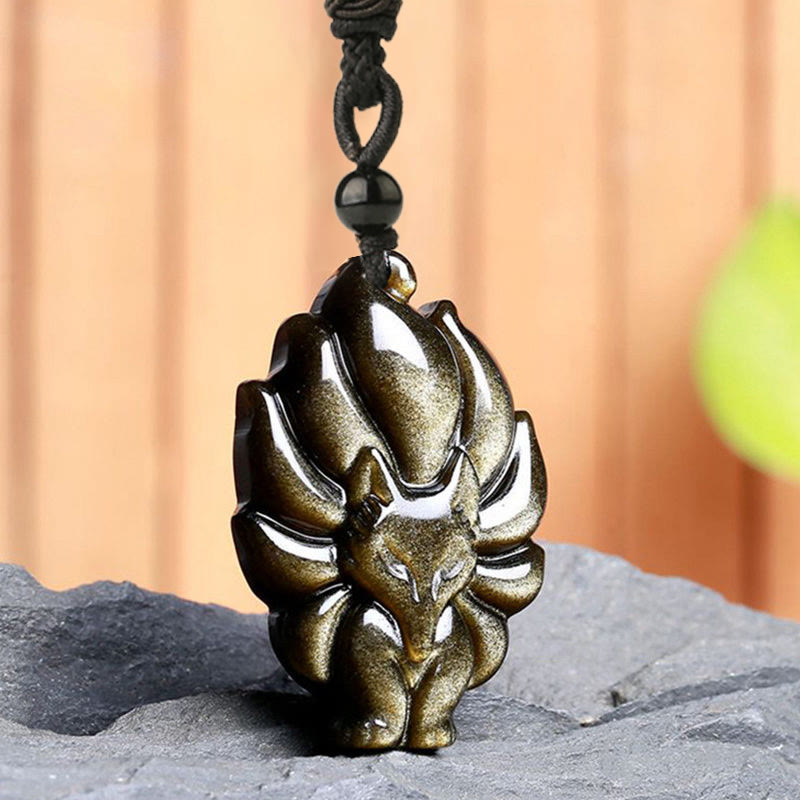 Fortune Jewel Natural Fluorite Gold Sheen Obsidian Fox Pendant Protection Necklace