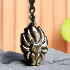 Fortune Jewel Natural Fluorite Gold Sheen Obsidian Fox Pendant Protection Necklace