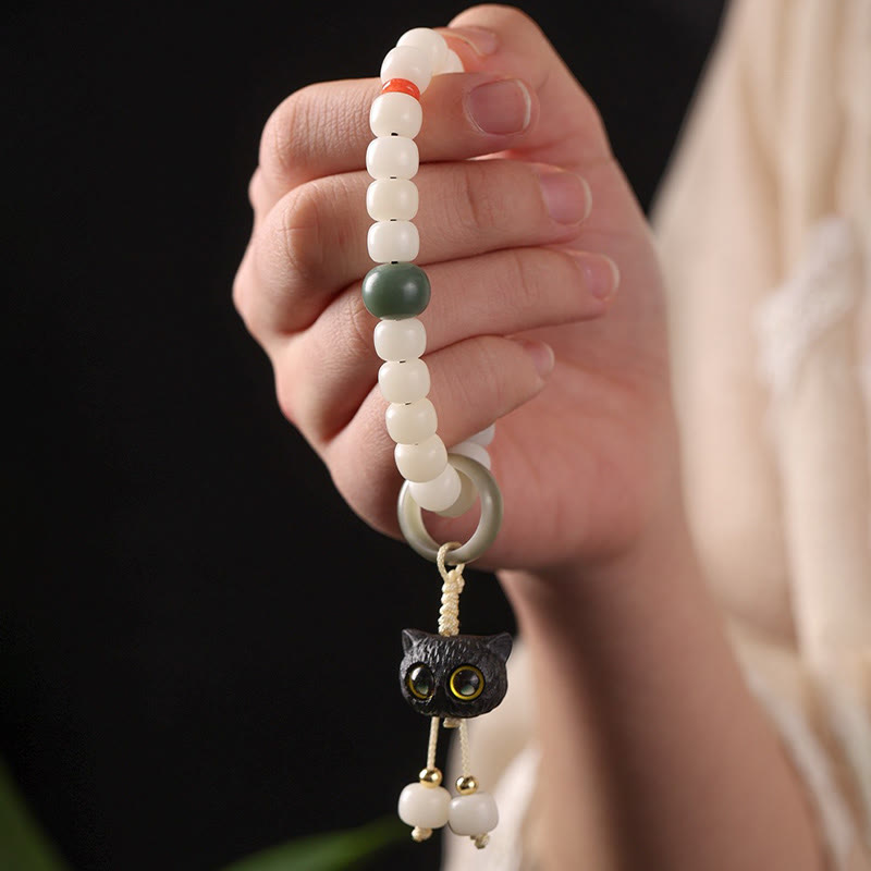 Fortune Jewel Natural Bodhi Seed African Blackwood Lovely Cat Charm Peace Harmony Bracelet