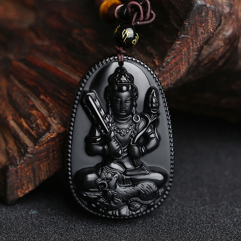 Fortune Jewel Chinese Zodiac Natal Buddha Natural Black Obsidian Purification Necklace Pendant