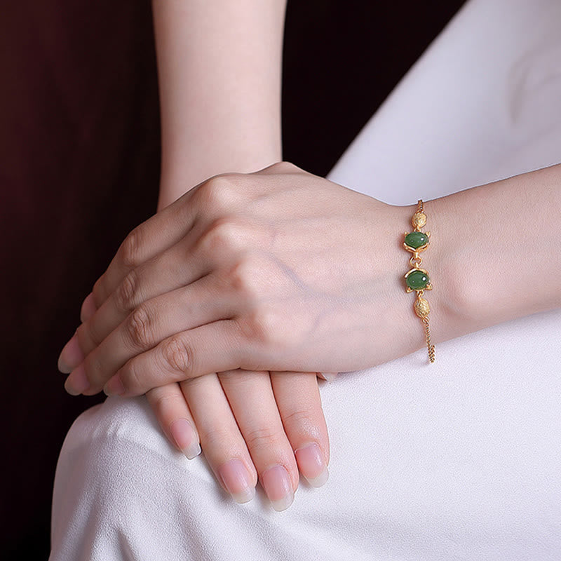Fortune Jewel 925 Sterling Silver Natural Hetian White Jade Cyan Jade Lovely Fox Luck Bracelet