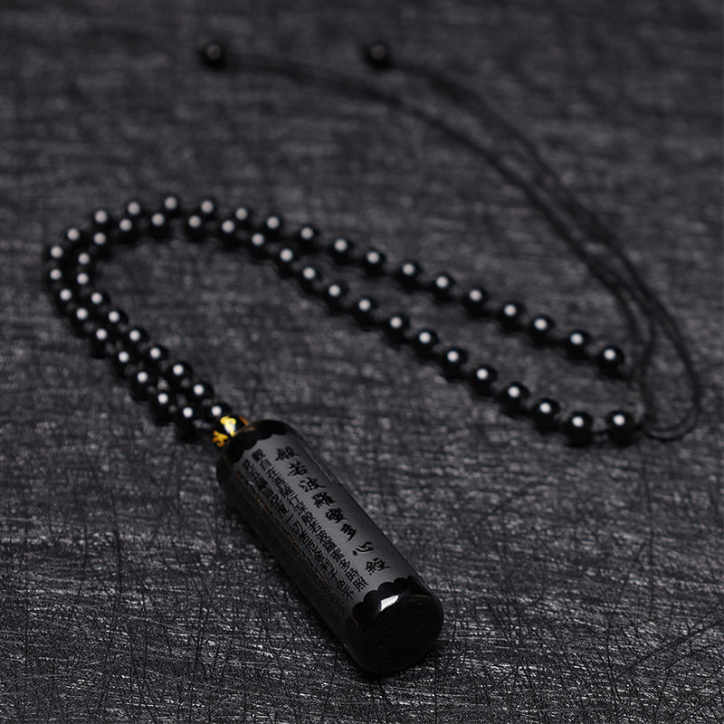 Fortune Jewel Natural Black Obsidian Heart Sutra Purification Necklace Pendant