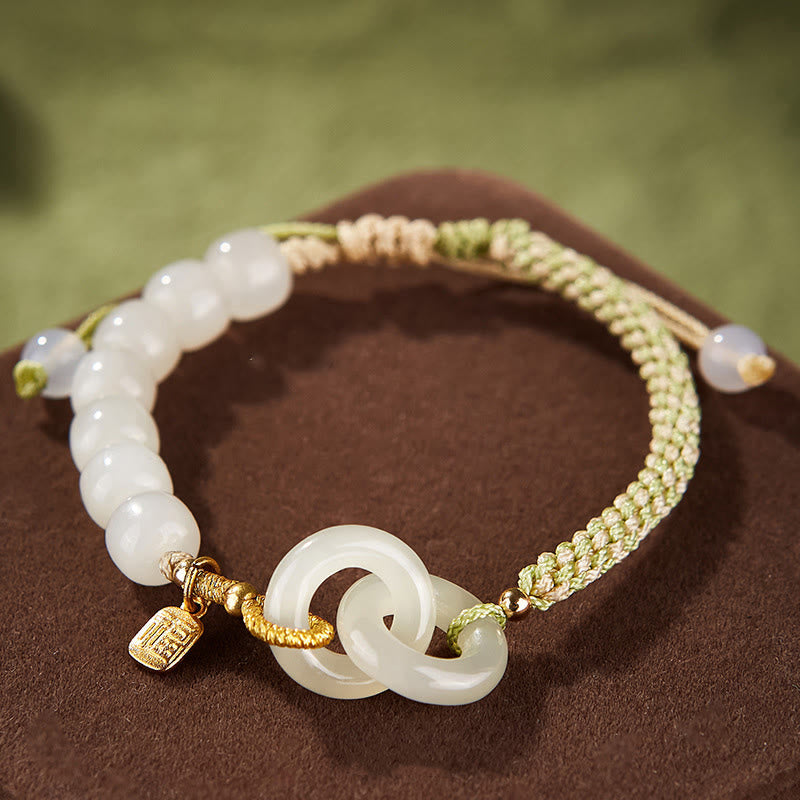 Fortune Jewel Natural Hetian Jade Bead Double Peace Buckle Fu Character Abundance Braided Bracelet