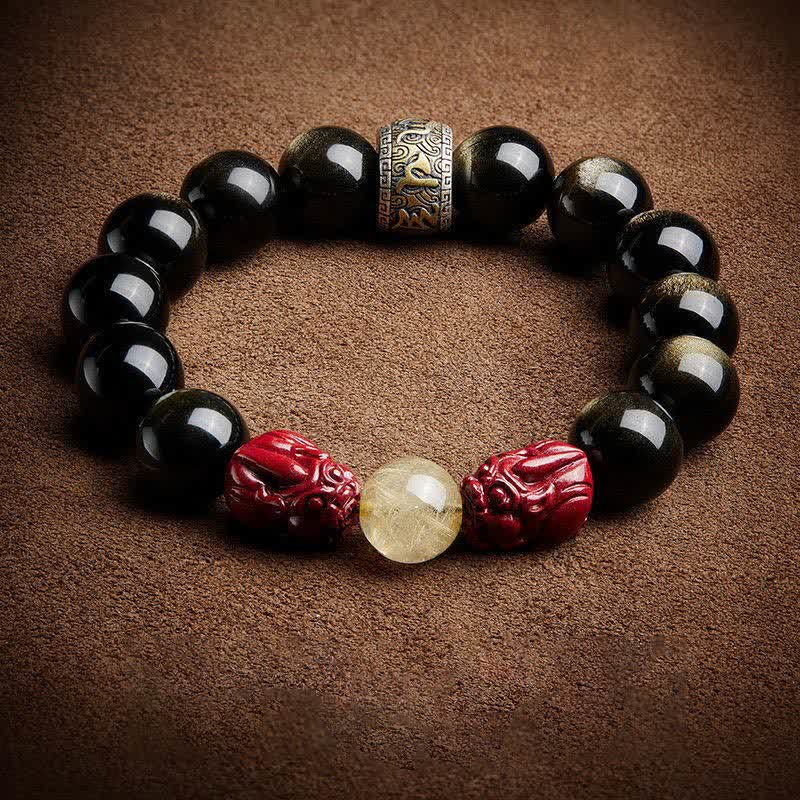 Fortune Jewel Gold Sheen Obsidian PiXiu Cinnabar Om Mani Padme Hum Protection Bracelet