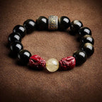 Fortune Jewel Gold Sheen Obsidian PiXiu Cinnabar Om Mani Padme Hum Protection Bracelet