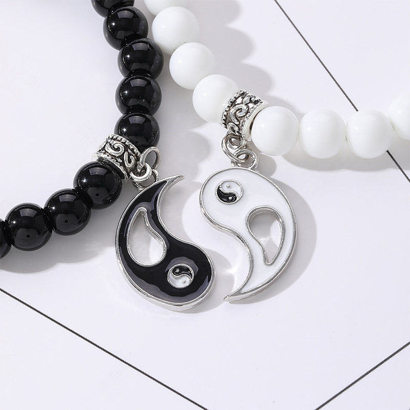 Fortune Jewel 2Pcs Black Onyx White Turquoise Bead Yin Yang Protection Couple Bracelet