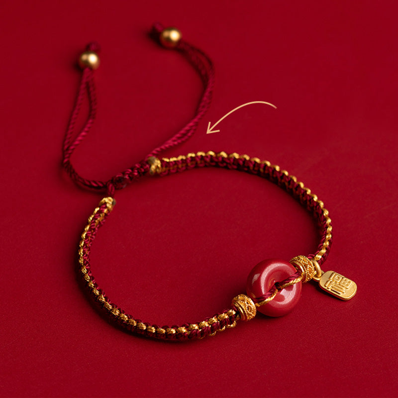 Fortune Jewel Natural Cinnabar Peace Buckle Fu Character Charm Blessing Braided Bracelet