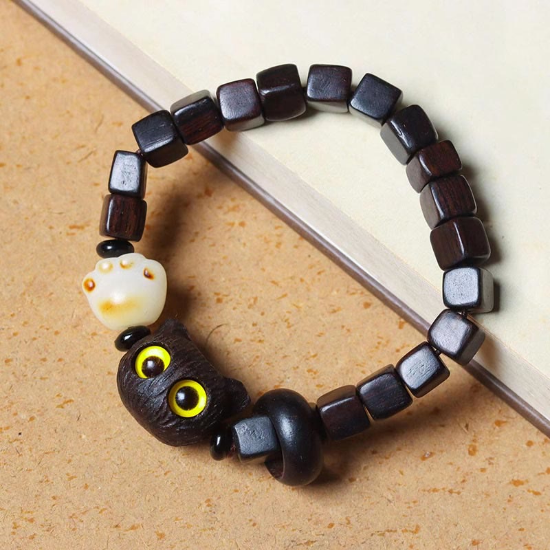 Fortune Jewel Ebony Wood Cute Cat Bodhi Seed Paw Claw Square Beads Calm Bracelet