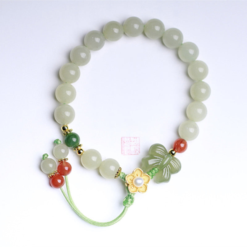 Fortune Jewel 925 Sterling Silver Jade Luck Flower Butterfly Bracelet