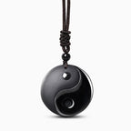 Fortune Jewel Black Obsidian Taoism Five Sacred Mountains Nine-Character Mantra Carved Purification Yin Yang Necklace Pendant