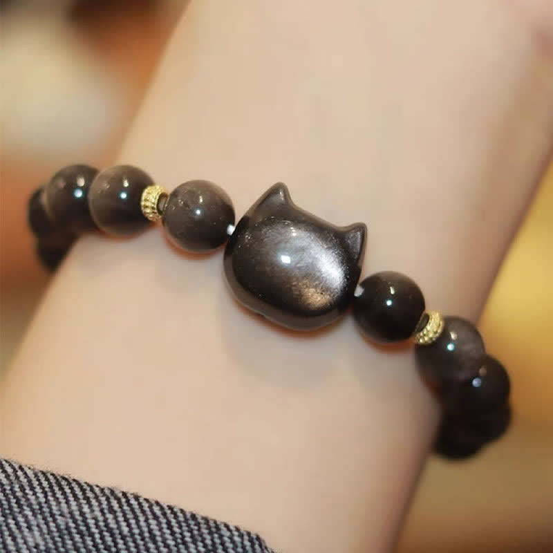 Fortune Jewel Gold Sheen Obsidian Silver Sheen Obsidian Lovely Paw Lucky Cat Protection Bracelet