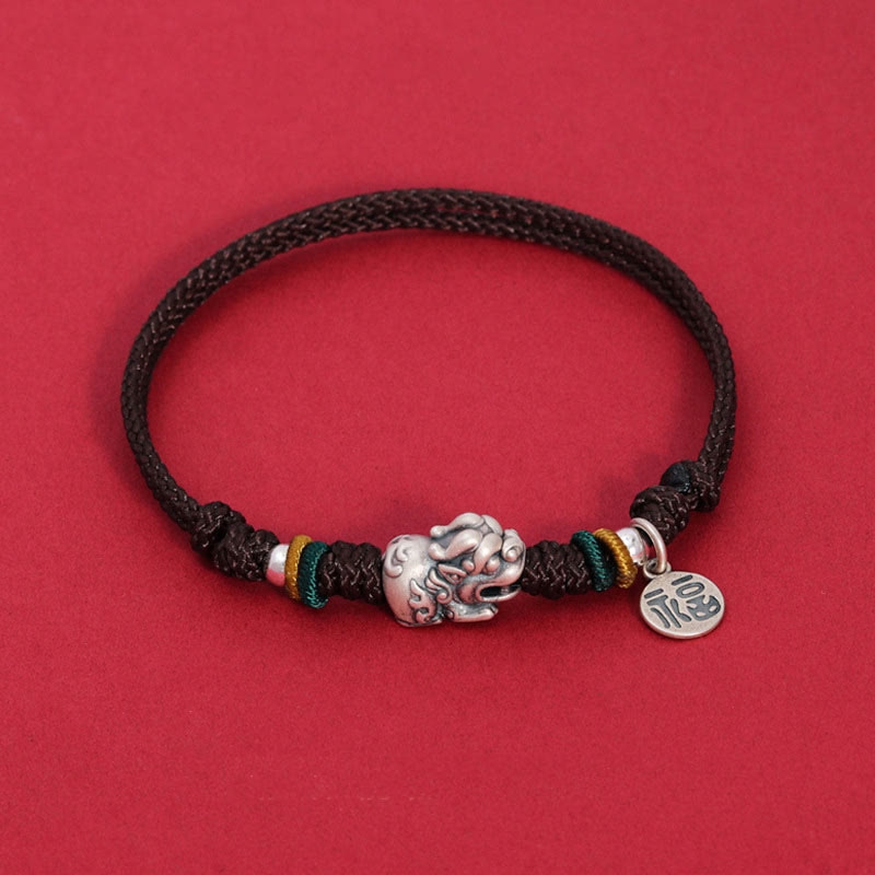 Fortune Jewel 925 Sterling Silver PiXiu Fu Character Wealth Luck Handmade Braided Bracelet