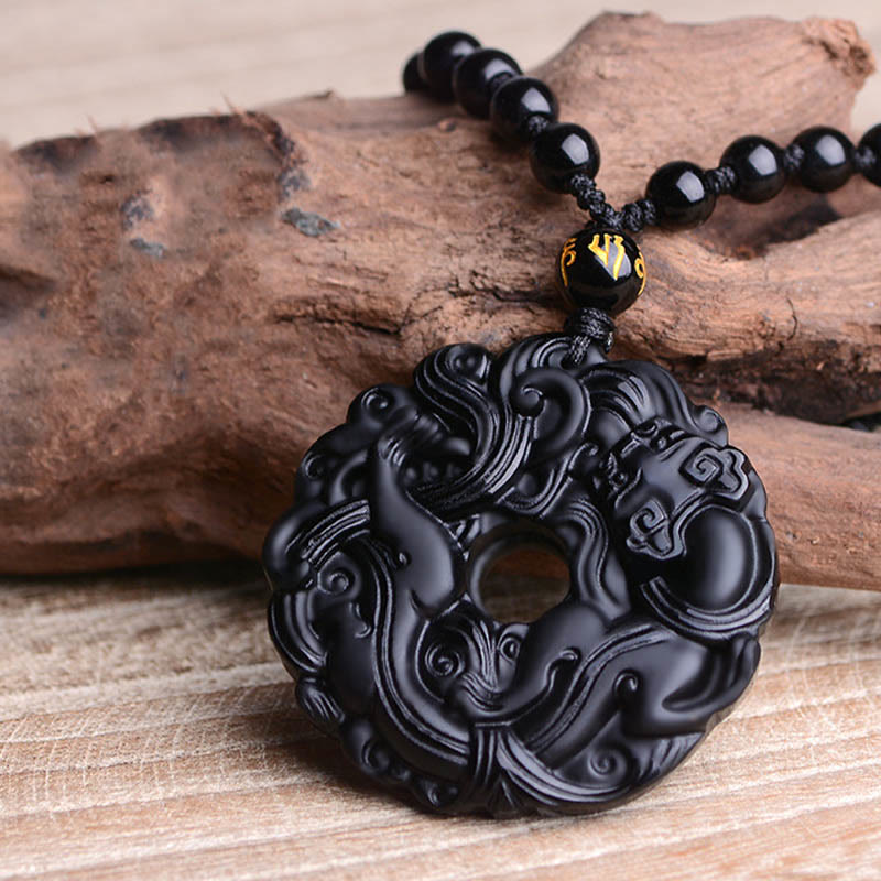 Fortune Jewel Natural Black Obsidian Peace Buckle Pixiu Purification Necklace Pendant