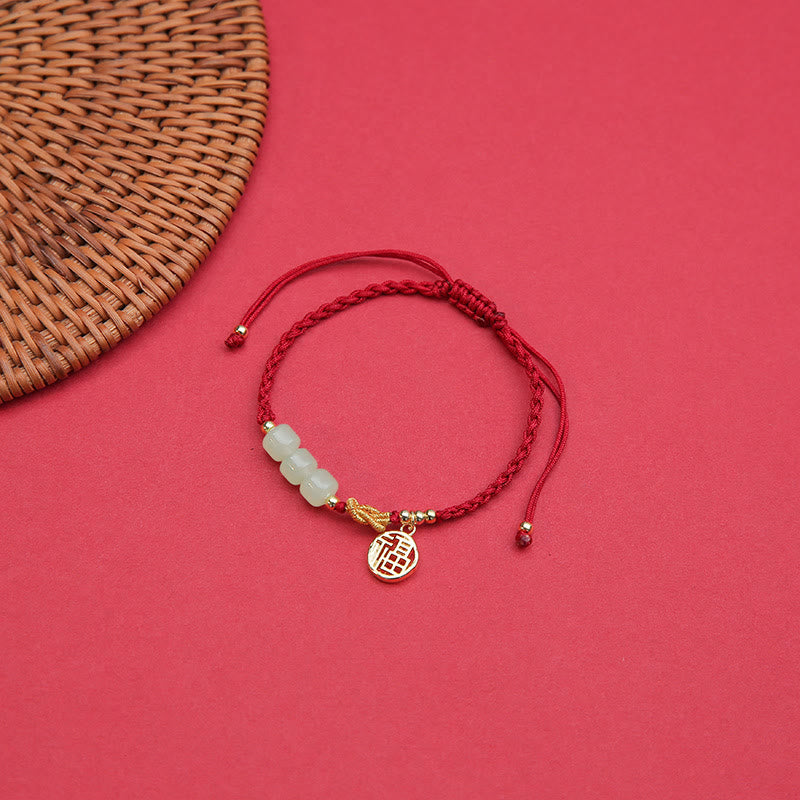 Fortune Jewel Handcrafted Jade Bead Fu Character Charm Luck Red Rope Bracelet
