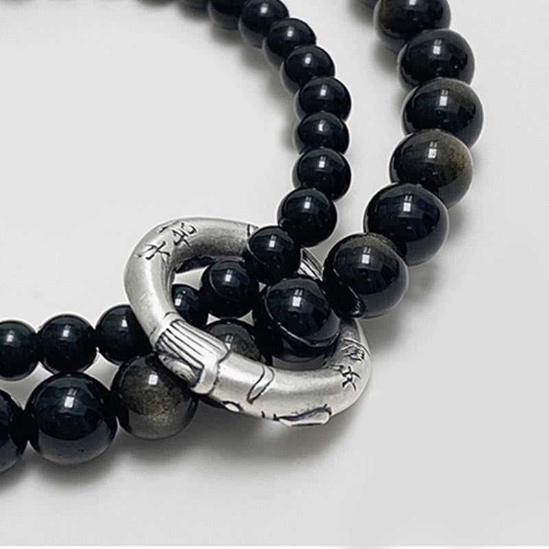 Fortune Jewel 999 Sterling Silver Black Obsidian Fulfillment Strength Double Layer Bracelet