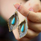 Fortune Jewel 925 Sterling Silver Turquoise Bodhi Leaf Pattern Protection Drop Dangle Earrings