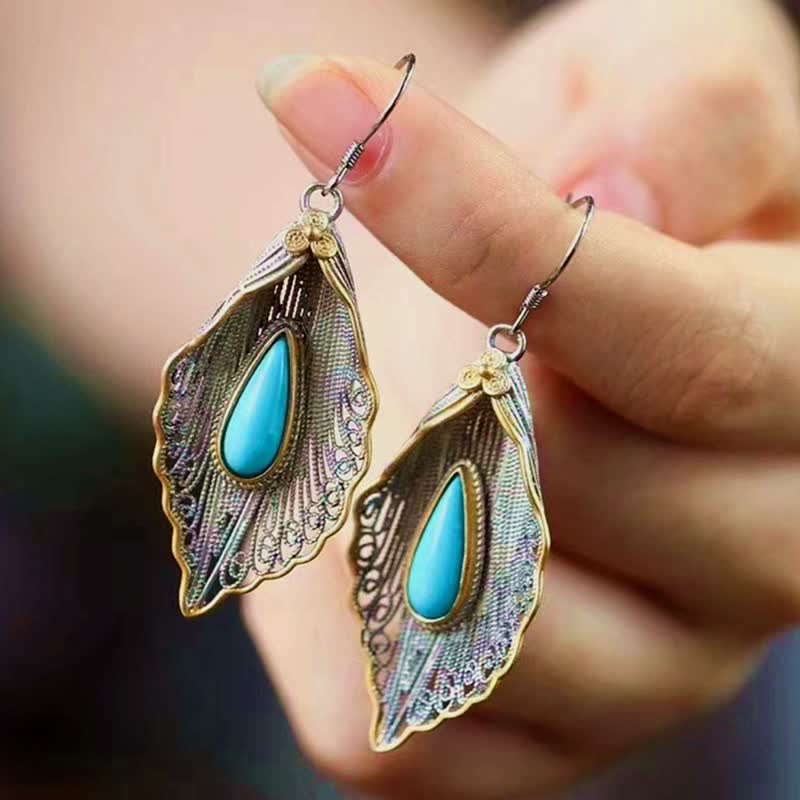 Fortune Jewel 925 Sterling Silver Turquoise Bodhi Leaf Pattern Protection Drop Dangle Earrings