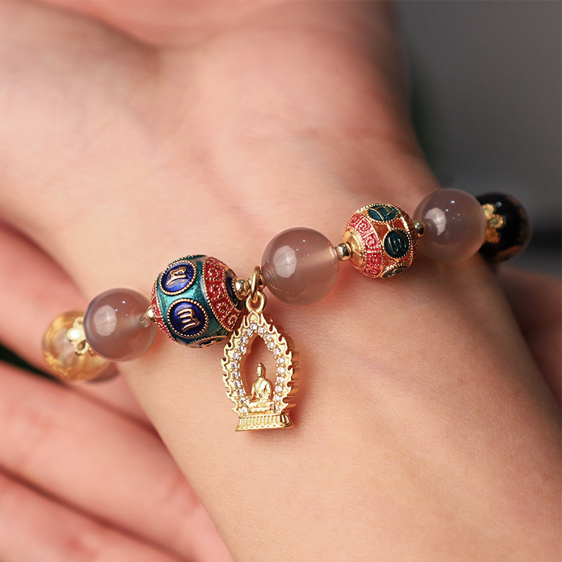 Fortune Jewel Natural Gray Agate Five Directions Gods of Wealth Om Mani Padme Hum Buddha Charm Bracelet