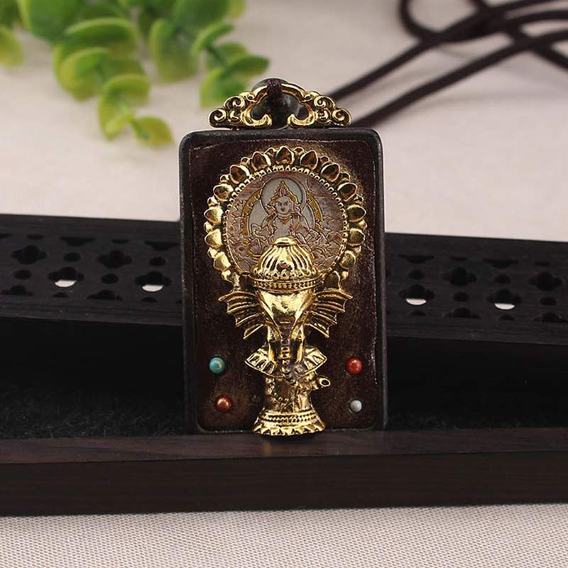 Fortune Jewel Ebony Wood Elephant God of Fortune Buddha Blessing Necklace String Pendant