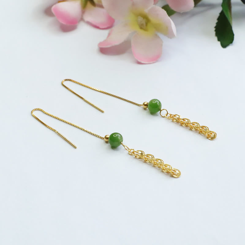 Fortune Jewel 925 Sterling Silver Natural Hetian Cyan Jade Bead Luck Phoenix Tail Drop Earrings