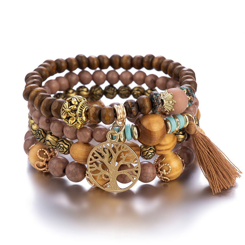 Fortune Jewel Wenge Wood Layered Tree Tassel Healing Bracelet - Fortune Jewel