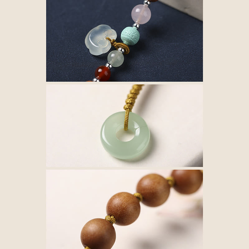 Fortune Jewel Green Sandalwood Chalcedony Peace Buckle Charm Soothing Double Wrap Bracelet