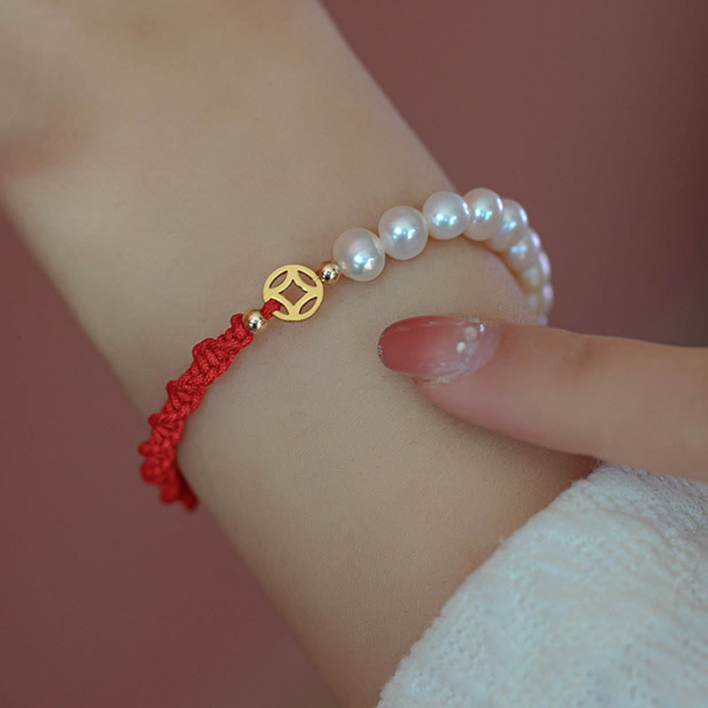 Fortune Jewel 14K Gold Plated Pearl Bead Luck Protection Braid Red String Bracelet