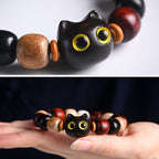 Fortune Jewel Small Leaf Red Sandalwood Ebony Wood Cute Cat Engraved Protection Bracelet