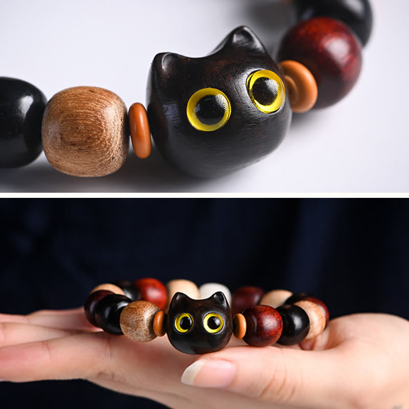 Fortune Jewel Small Leaf Red Sandalwood Ebony Wood Cute Cat Engraved Protection Bracelet