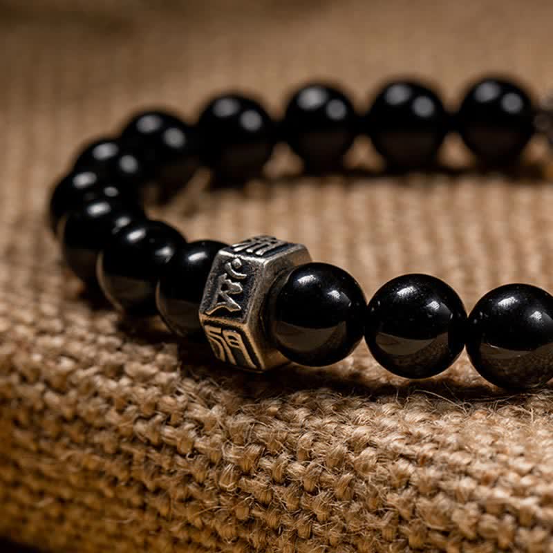 Fortune Jewel Chinese Zodiac Natal Buddha 925 Sterling Silver Black Obsidian Moonstone Strength Bracelet