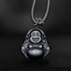 Fortune Jewel Natural Silver Sheen Obsidian Laughing Buddha Protection Necklace Pendant
