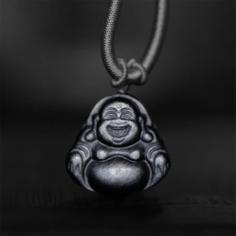 Fortune Jewel Natural Silver Sheen Obsidian Laughing Buddha Protection Necklace Pendant
