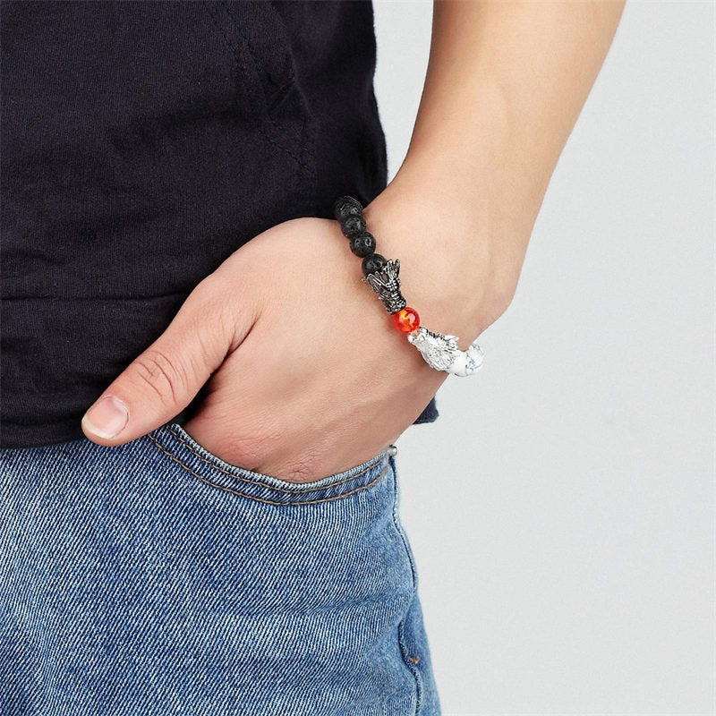 Fortune Jewel White Turquoise Lava Rock Dragon Blessing Beaded Bracelet