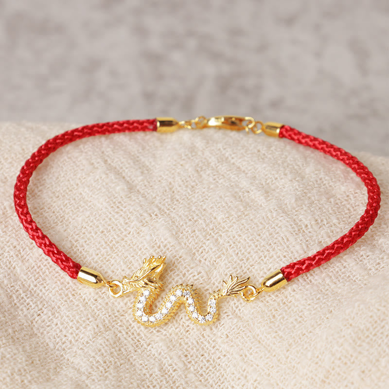 Fortune Jewel 925 Sterling Silver Year Of The Dragon Auspicious Golden Dragon Luck Red Rope Chain Bracelet