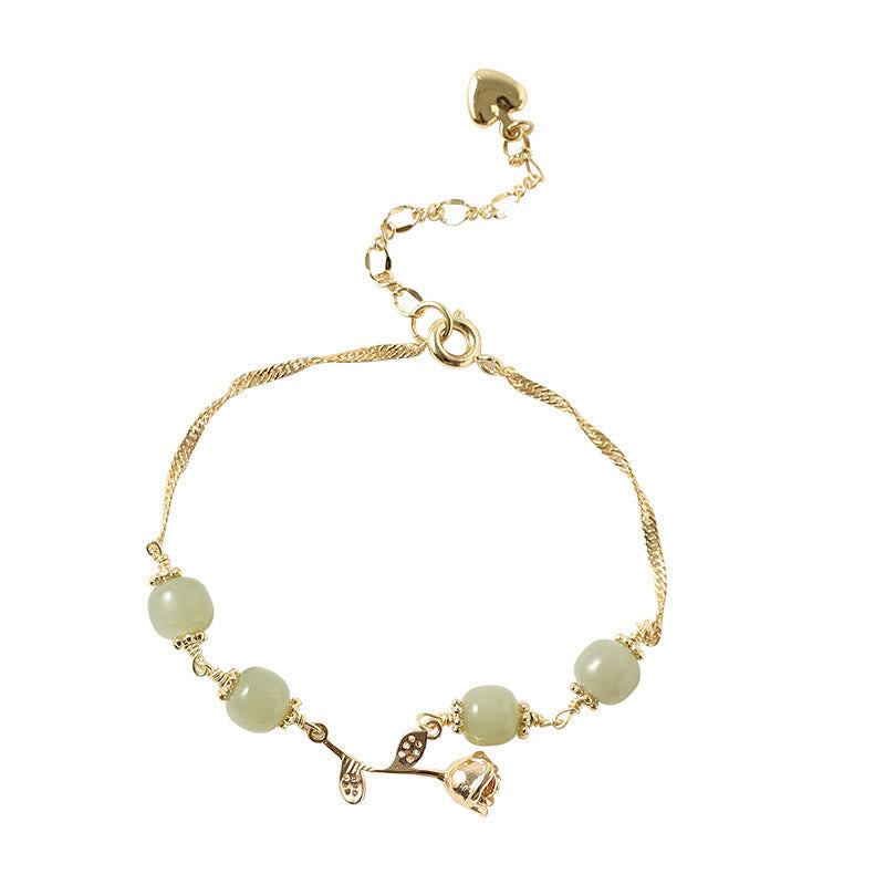 Fortune Jewel 14K Gold Plated Hetian Jade Golden Rose Flower Luck Chain Bracelet