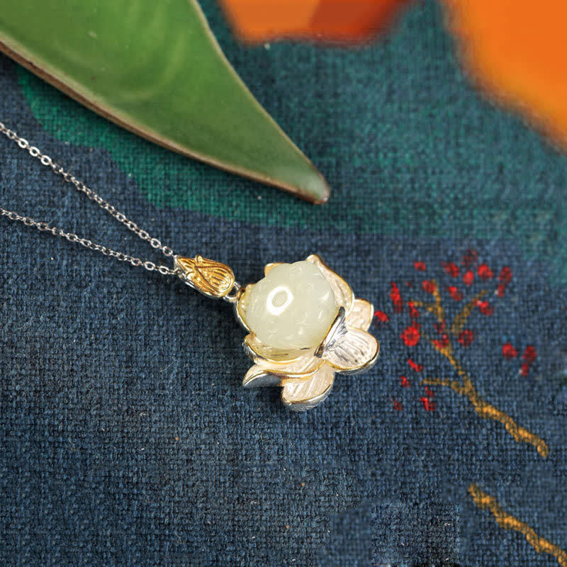 Fortune Jewel White Jade Lotus Flower Happiness Necklace Fortune Jewel