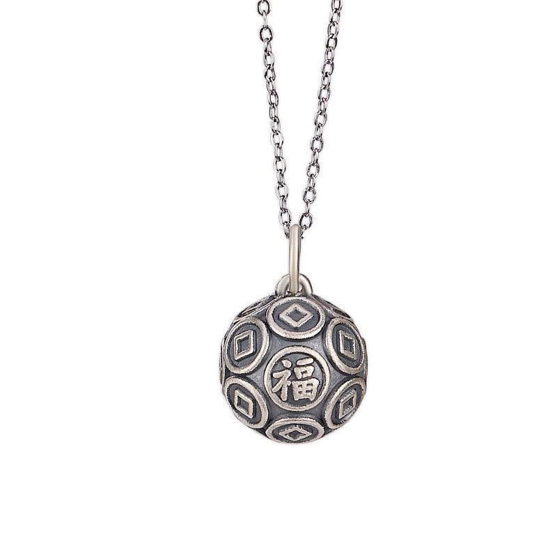 Fortune Jewel 990 Sterling Silver Fu Character Copper Coin Luck Fortune Chain Necklace Pendant