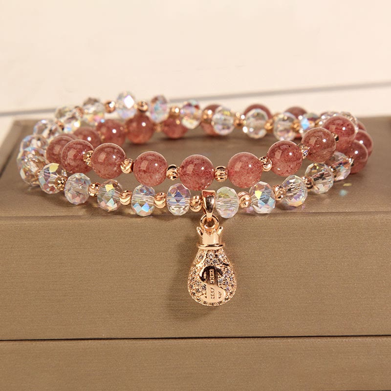 Fortune Jewel Strawberry Quartz White Crystal Money Bag Charm Positive Bracelet
