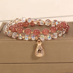 Fortune Jewel Strawberry Quartz White Crystal Money Bag Charm Positive Bracelet