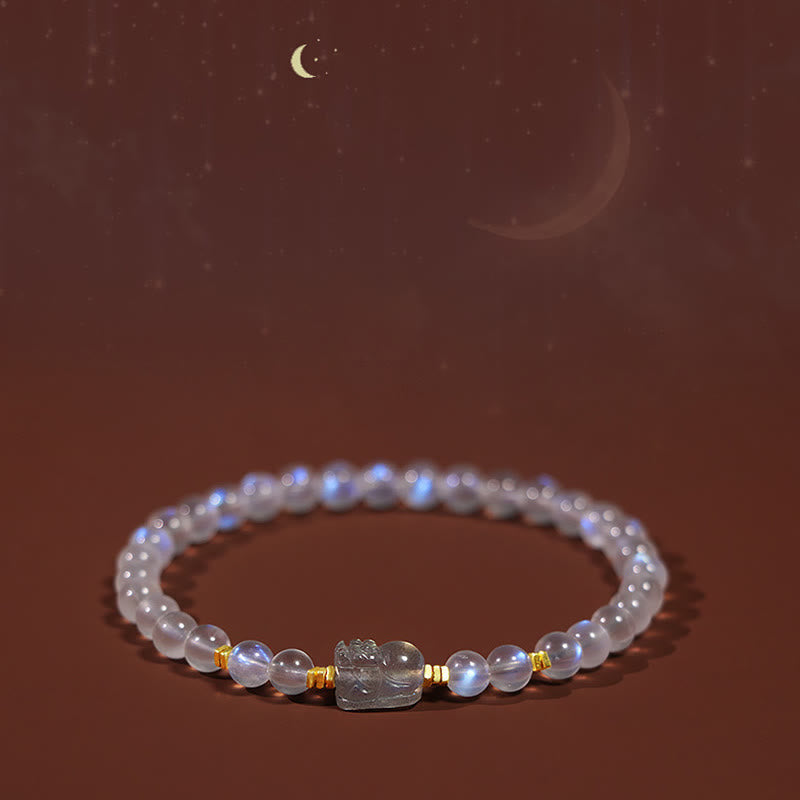 Fortune Jewel 925 Sterling Silver Plated Gold Natural Moonstone PiXiu Healing Bracelet