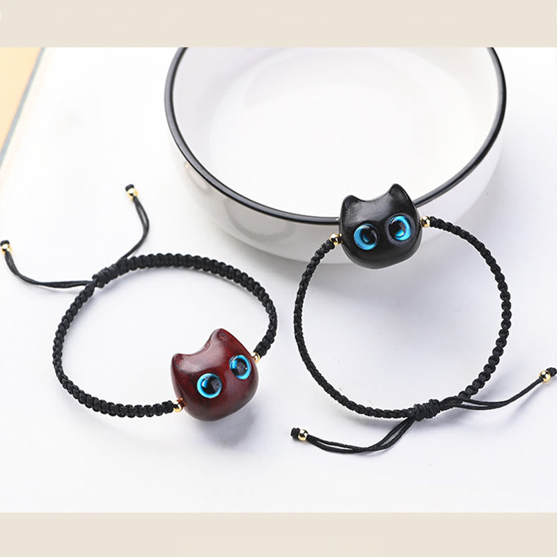 Fortune Jewel Small Leaf Red Sandalwood Ebony Wood Cute Cat Head Calm Protection Braided Bracelet