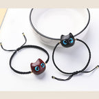 Fortune Jewel Small Leaf Red Sandalwood Ebony Wood Cute Cat Head Calm Protection Braided Bracelet