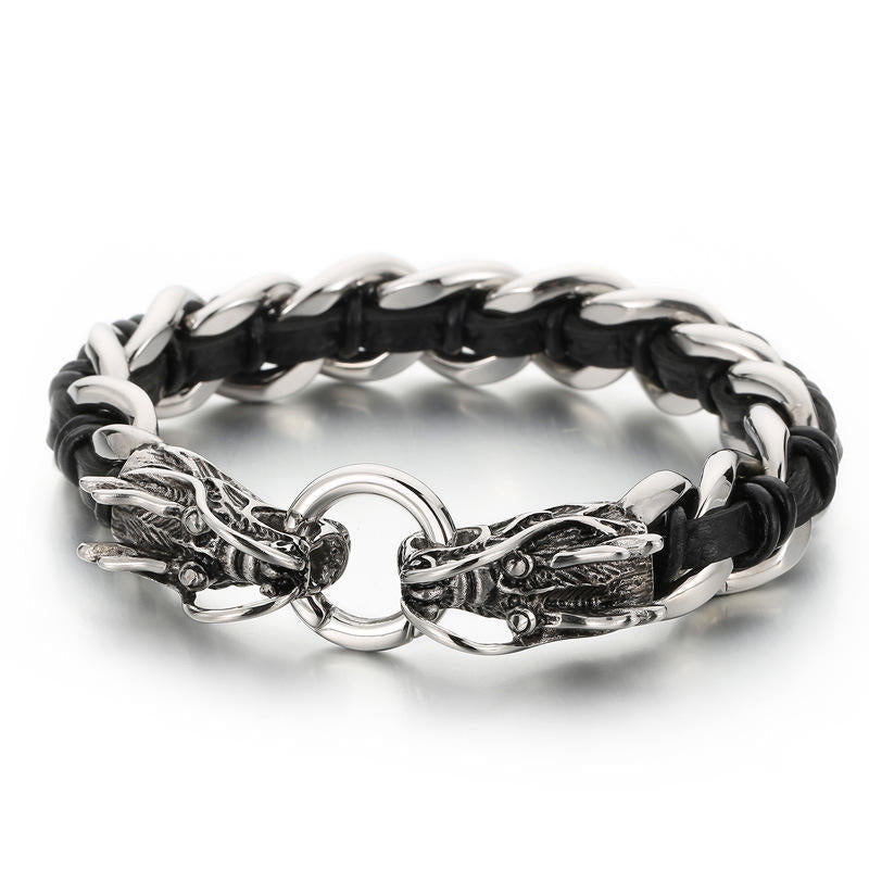 Fortune Jewel Dragon Leather Titanium Steel Protection Luck Braided Bracelet Fortune Jewel