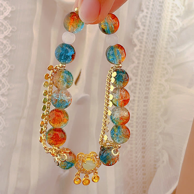 Fortune Jewel Colorful Liuli Glass Bead Chinese Lock Charm Fortune Bracelet