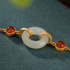 Fortune Jewel 925 Sterling Silver Plated Gold Natural Hetian Jade Peace Buckle Red Agate Luck Bracelet