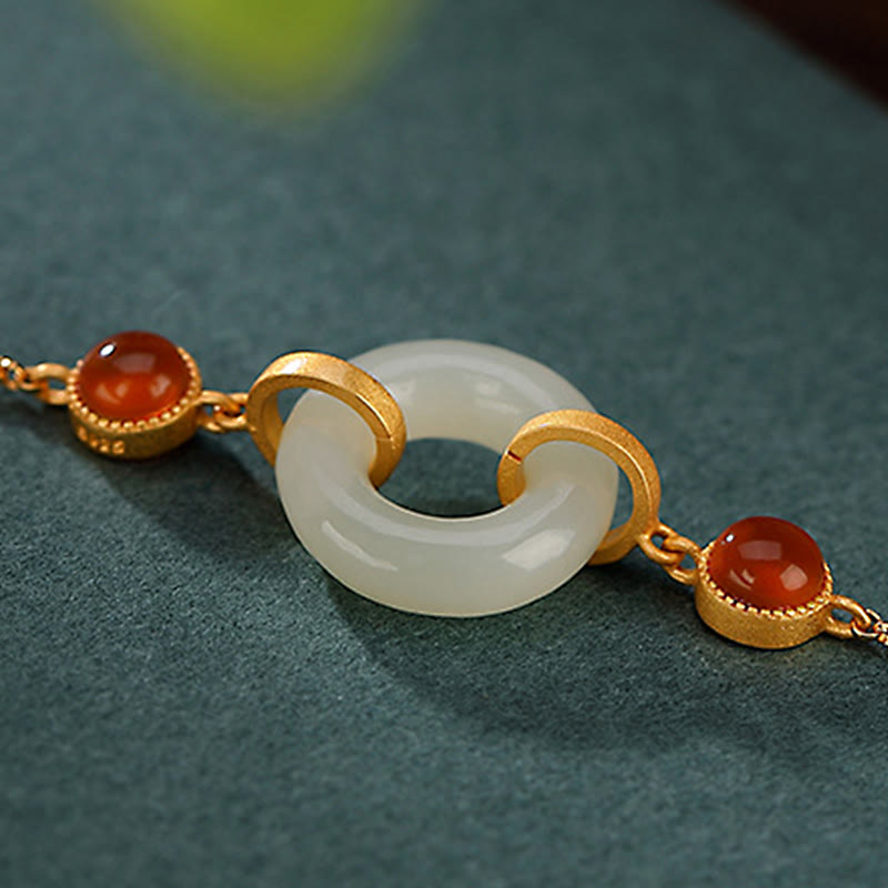 Fortune Jewel 925 Sterling Silver Plated Gold Natural Hetian Jade Peace Buckle Red Agate Luck Bracelet